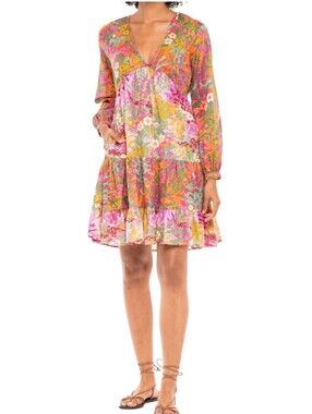 Banjanan Hillary Mini Dress In Loki's Garden Caramel Lilac Long-Sleeve Tiered